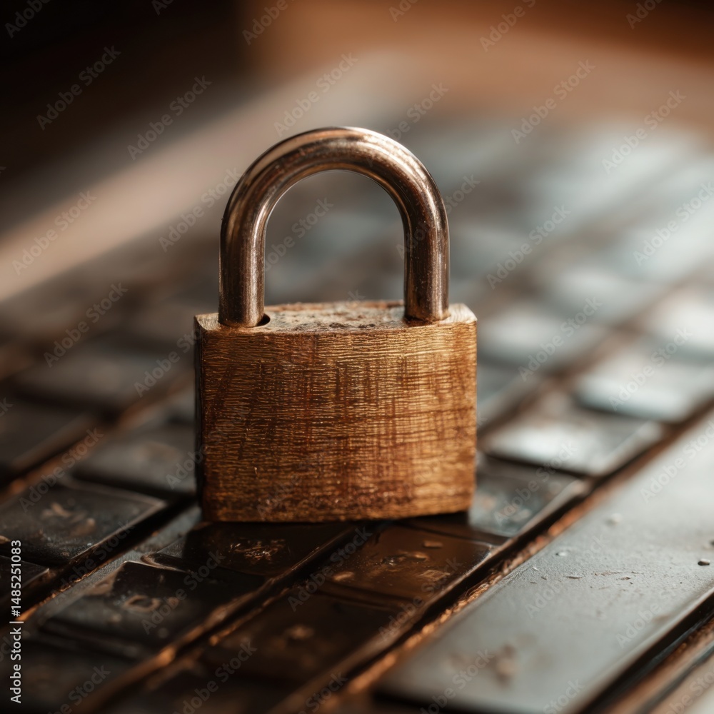 Poster close up of a brass padlock on a laptop keyboard symbolizing cybersecurity and data protection in a 