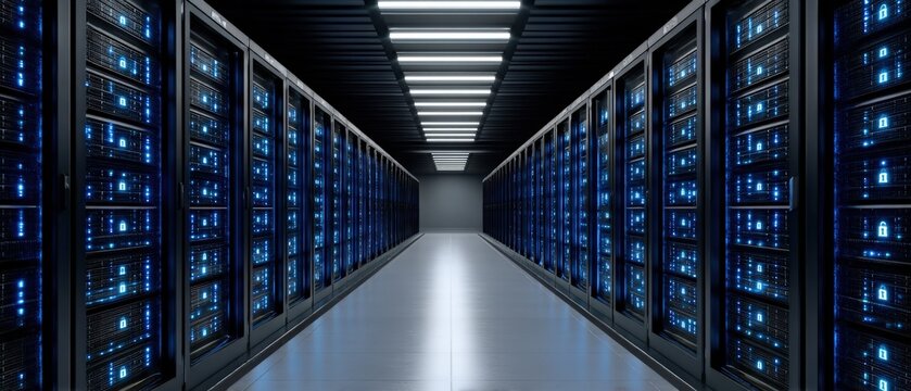 High-tech server room showcasing modern data storage solutions with illuminated shelves of servers lined up in a symmetrical arrangement, emphasizing security and advanced digital infrastructure