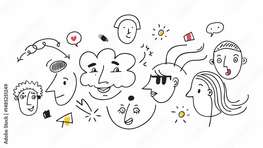 Poster illustration showing a collection of whimsical hand drawn faces and various abstract shapes and elem