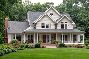 Two Story Suburban Home Exterior with Porch, Lawn, and Mature Trees Background