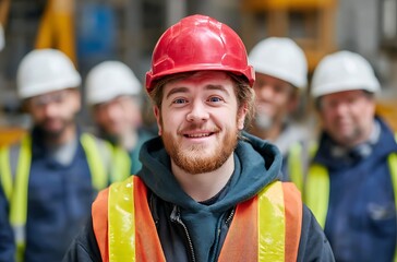 Confident Young Construction Worker Smiling in Red Hard Hat with Teammates