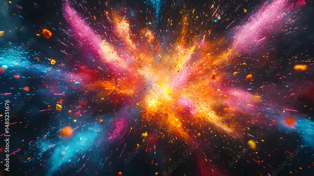 Poster a vibrant explosion of multicolored powders creates an abstract splash against a dark backdrop, gene