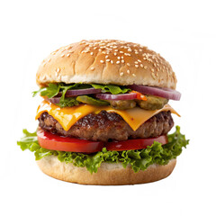 Juicy Cheeseburger with Fresh Ingredients and Sesame Bun isolated PNG or Transparency Background