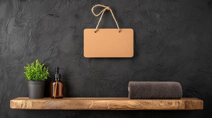 Rustic Bathroom Shelf Mockup with Dark Wall