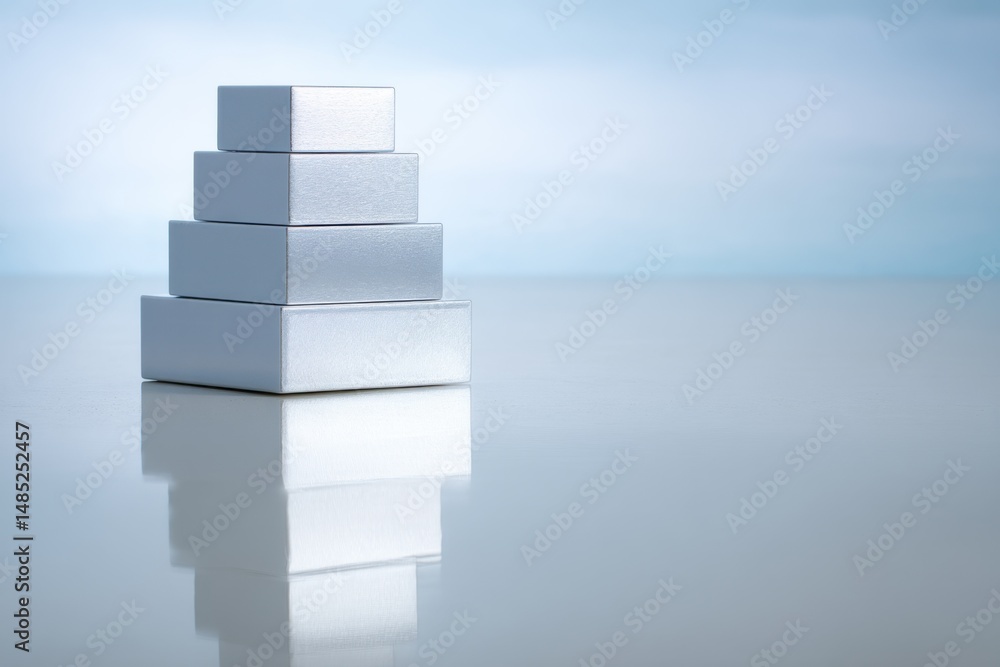 Poster silver blocks stacked in pyramid formation on reflective surface studio shot with soft blue backgrou