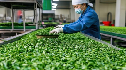 Green Tea Processing in Factory with Worker Sorting Fresh Leaves