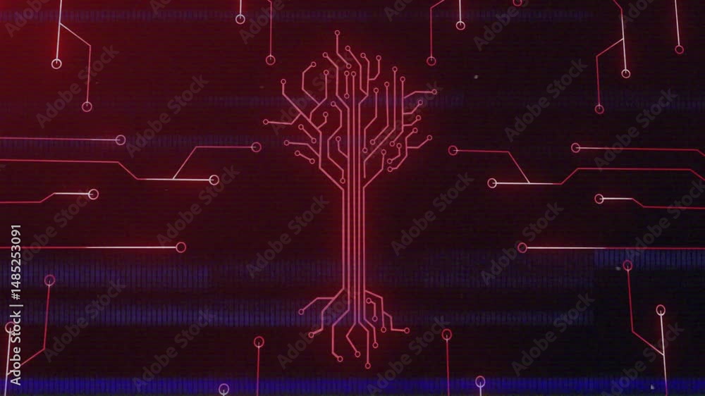 Poster central red circuit-tree graphic presenting, with circuit lines and data bars in flat design