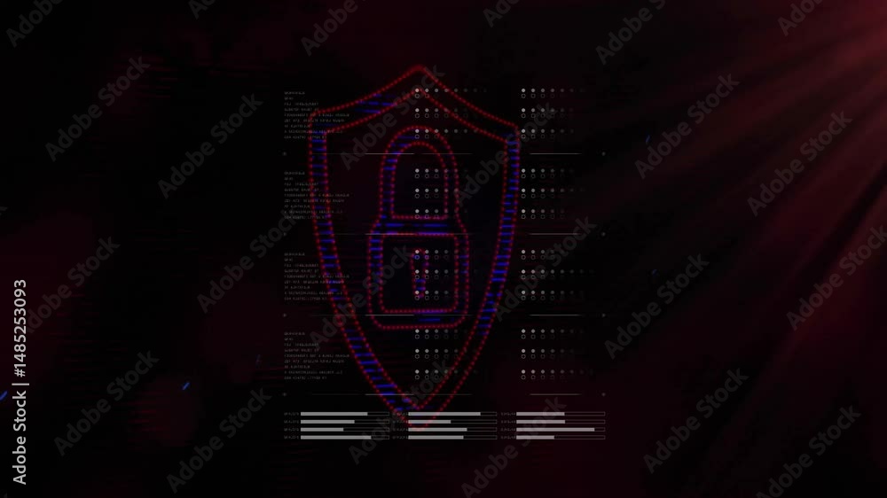 Poster red shield with padlock icon being animated in glitch ui, showing code fragments and grid nodes