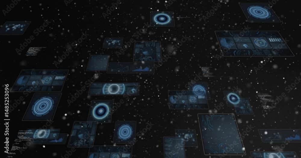 Poster cluster of floating holographic interface panels animating in dark void, showing blue data visuals