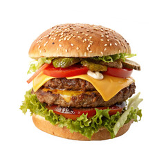 Juicy Cheeseburger with Fresh Ingredients and Sesame Bun isolated PNG or Transparency Background