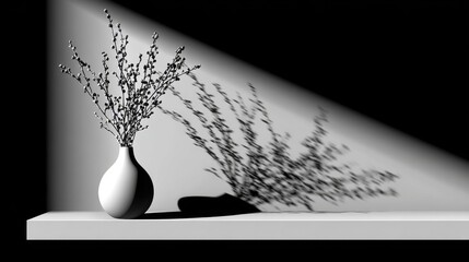 Elegant Still Life of Budding Branches in Vase with Dramatic Lighting and Shadow Play Minimalist Style