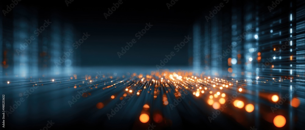 Poster abstract data stream flowing through futuristic cityscape perspective digital network connection con