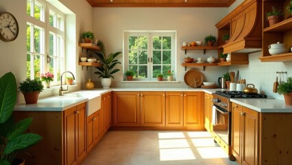 Bright, sunlit kitchen with wooden cabinetry and ample counter space