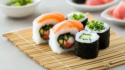 High-end sushi set served with grace on bamboo mat, featuring fine textures and vibrant traditional sides