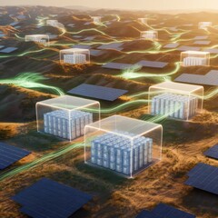 Battery Storage Grids: “An aerial panorama of rolling hills dotted with solar farms and massive BESS containers, their enclosure walls translucent to reveal glowing battery racks. Power-flow lines