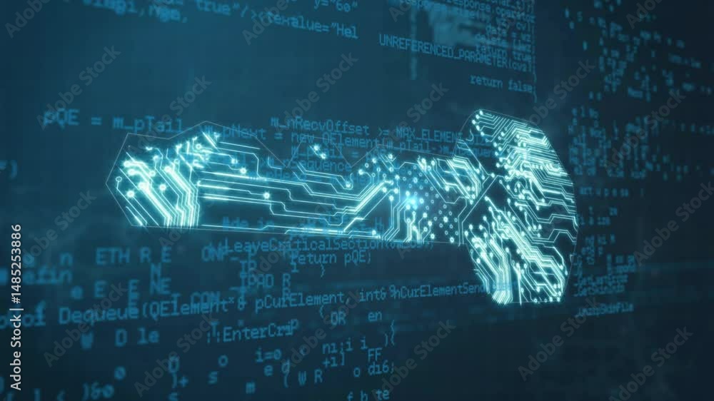 Aufkleber neon-blue circuit-board key floating against code backdrop, emitting glowing nodes in animation