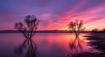 Fototapeta premium Trees Silhouetted at Lake During Striking Sunset with Reflections
