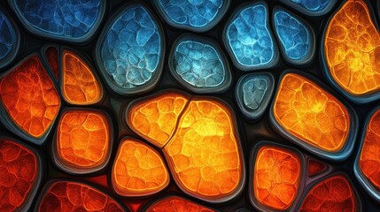 Abstract artwork featuring vibrant orange and blue organic shapes, resembling a textured, glowing surface