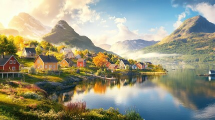 Fototapeta premium Norwegian village with bright homes along a fjord, morning mist wrapping distant hills