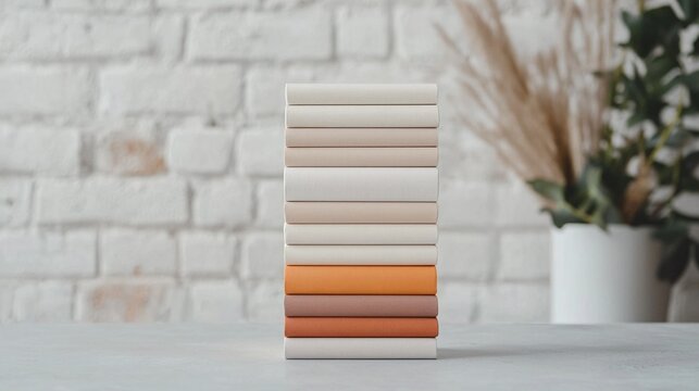 Stack of Cream Orange and Brown Zines Mockup on White Brick Background - Powered by Adobe