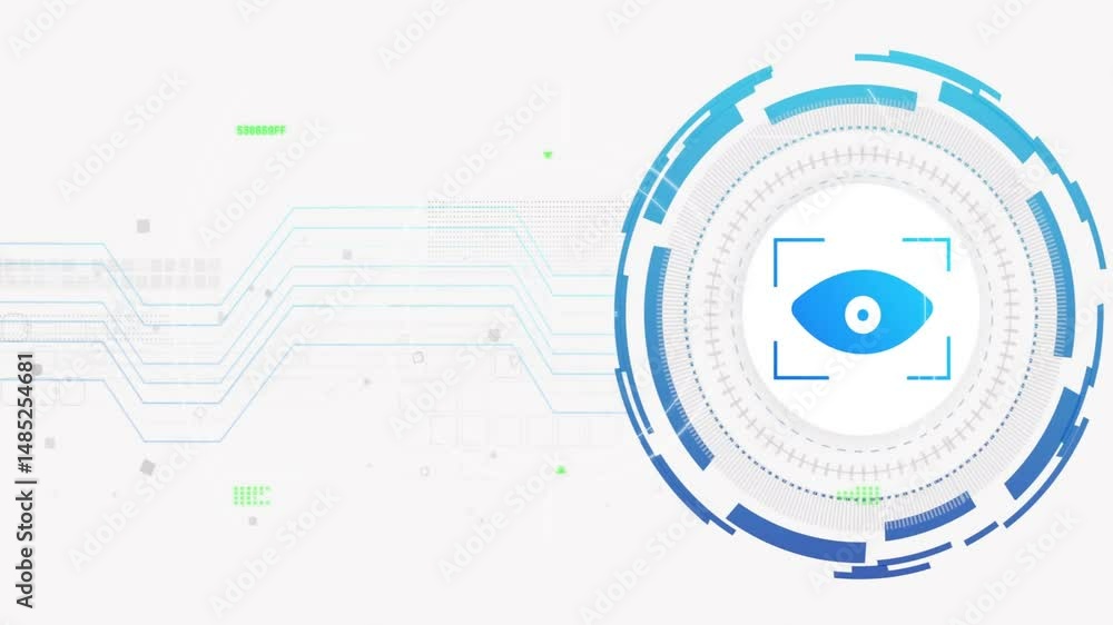 Poster circular hud interface rotating on right side, displaying central eye icon with blue gradient rings