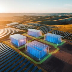 Battery Storage Grids: “An aerial panorama of rolling hills dotted with solar farms and massive BESS containers, their enclosure walls translucent to reveal glowing battery racks. Power-flow lines
