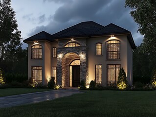 TwoStory Home Exterior View at Dusk with Stone Facade and Glowing Light Fixtures