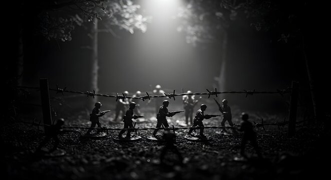 Toy Soldiers Walking Past Barbed Wire Fence in Darkness - Powered by Adobe