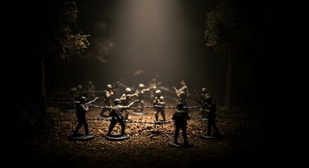 Toy Soldiers Advancing in Darkness Behind Barbed Wire