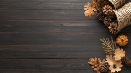 Rustic Thanksgiving Cornucopia with Autumn Leaves and Pine Cones on Dark Wood