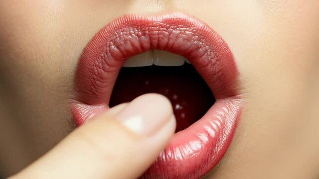 Closeup sequence of raspberry being placed in mouth and bright smile revealed