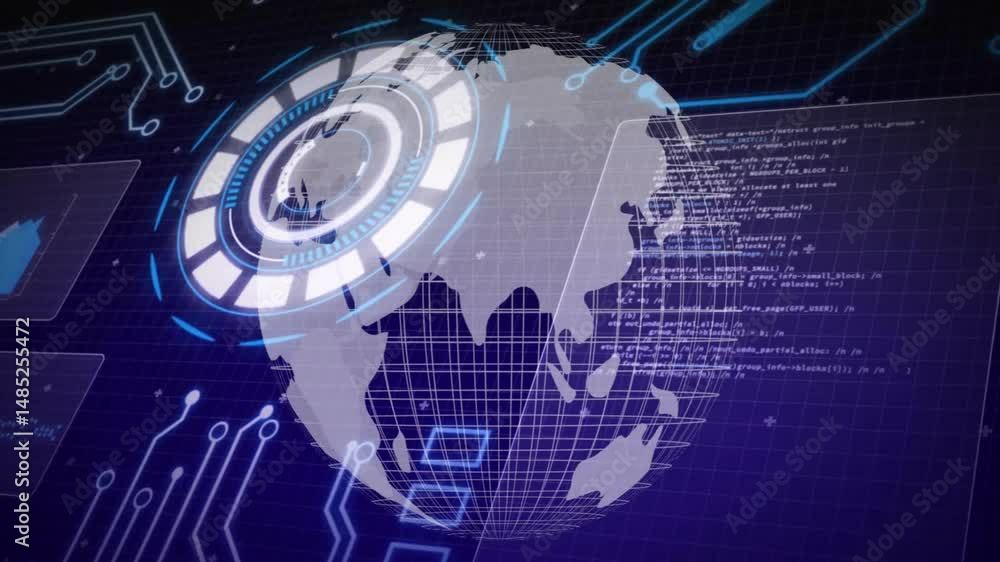 Poster Digital 3D globe rotating in high-tech UI, showing segmented HUD rings and floating code panels