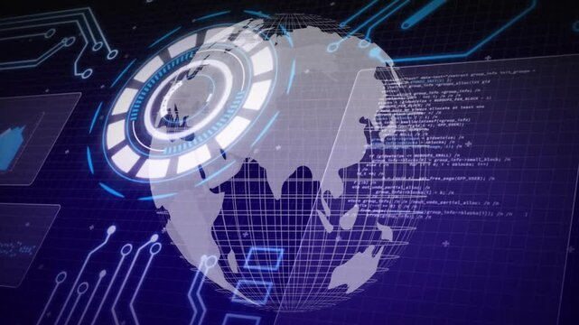 Digital 3D globe rotating in high-tech UI, showing segmented HUD rings and floating code panels