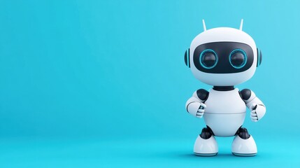 Cute futuristic robot character on a vibrant blue background with friendly expression