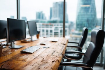 Modern Office Space with Wood Table and City View Focus on Desk and Chairs for Corporate Setting