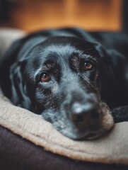 Close-up of a senior black labrador retriever resting in a dog bed with a shallow depth of field in a home setting