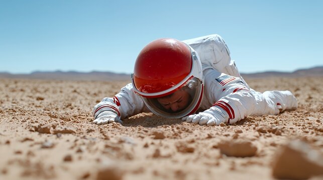 Astronaut Crawling Across Desert Landscape