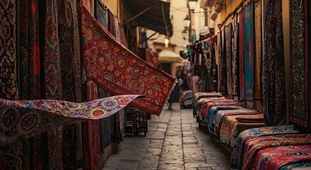 Walking Through a Rug Market Street with Hanging Textiles