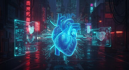Futuristic urban landscape featuring a glowing heart with digital interface