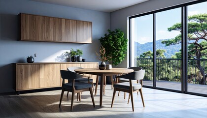 prefective view Compact Dining Area with Two Chairs and Round Table Japandi Style
