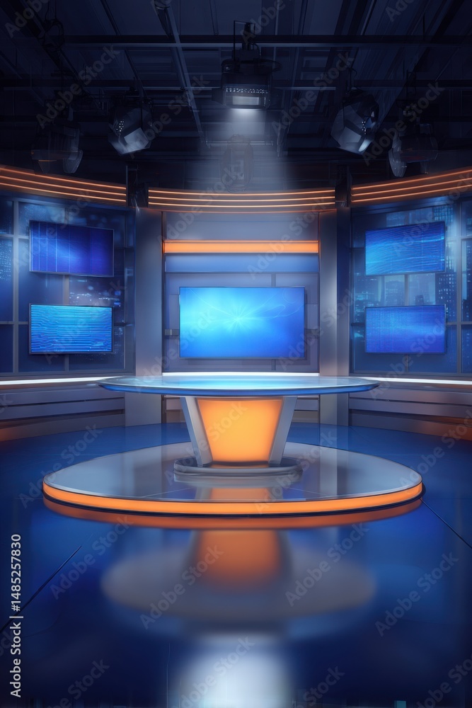 Aufkleber news studio set design with desk and screens for broadcasting tv show or program vertical view