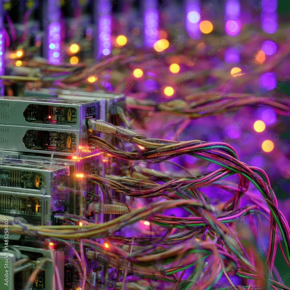 Poster close-up of data center servers and network cables showing connections and activity in a modern faci