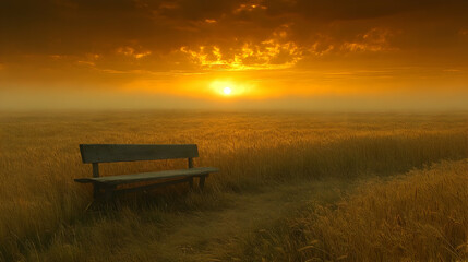 Golden serenity, A solitary bench in a wheat field at sunset evokes peace