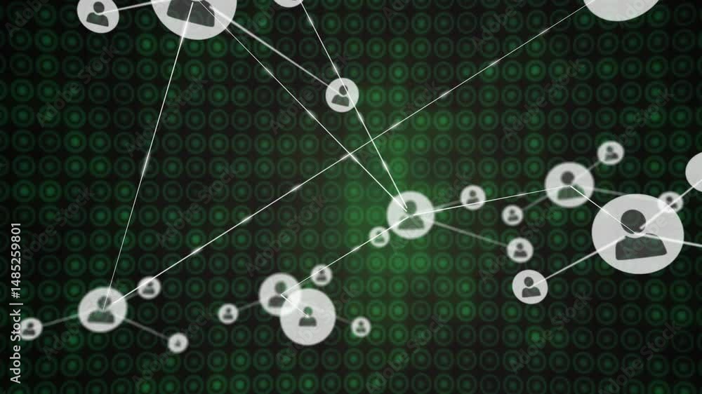 Poster flat design user silhouette icons connecting over green circle grid, showing digital network flow