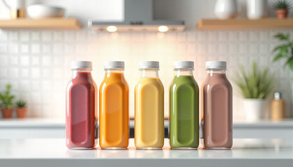 Assortment of colorful smoothie bottles in a bright kitchen, with copy space