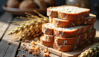 Stack of bread slices and wheat stalks on wooden table, bakery concept