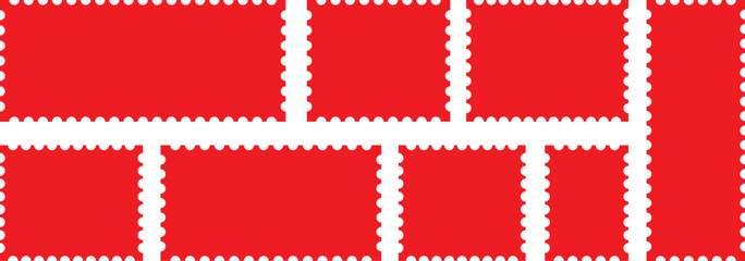 Post stamps. Empty red stamps set. Postal shapes border. Blank frames for mail letter. Jagged wavy edge forms. Vintage objects for poster, banner, badge, sticker. Postage icon.. 