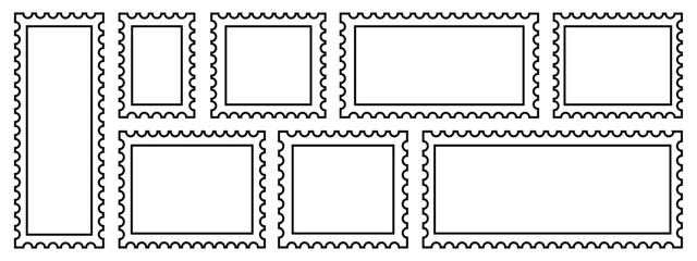 Postage stamp outline, vector icon. Empty stamps set. Postal shapes outline border. Blank frames for mail letter. Jagged wavy edge forms. Vintage objects for poster, banner, badge, sticker. 