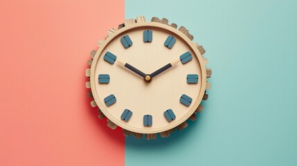 Modern Wall Clock Design with Unique Gear Pattern Against Split Background