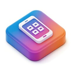 3D plastic cartoon icon of a mobile app symbol on a square rounded tile, bright gradient background blue purple or orange pink